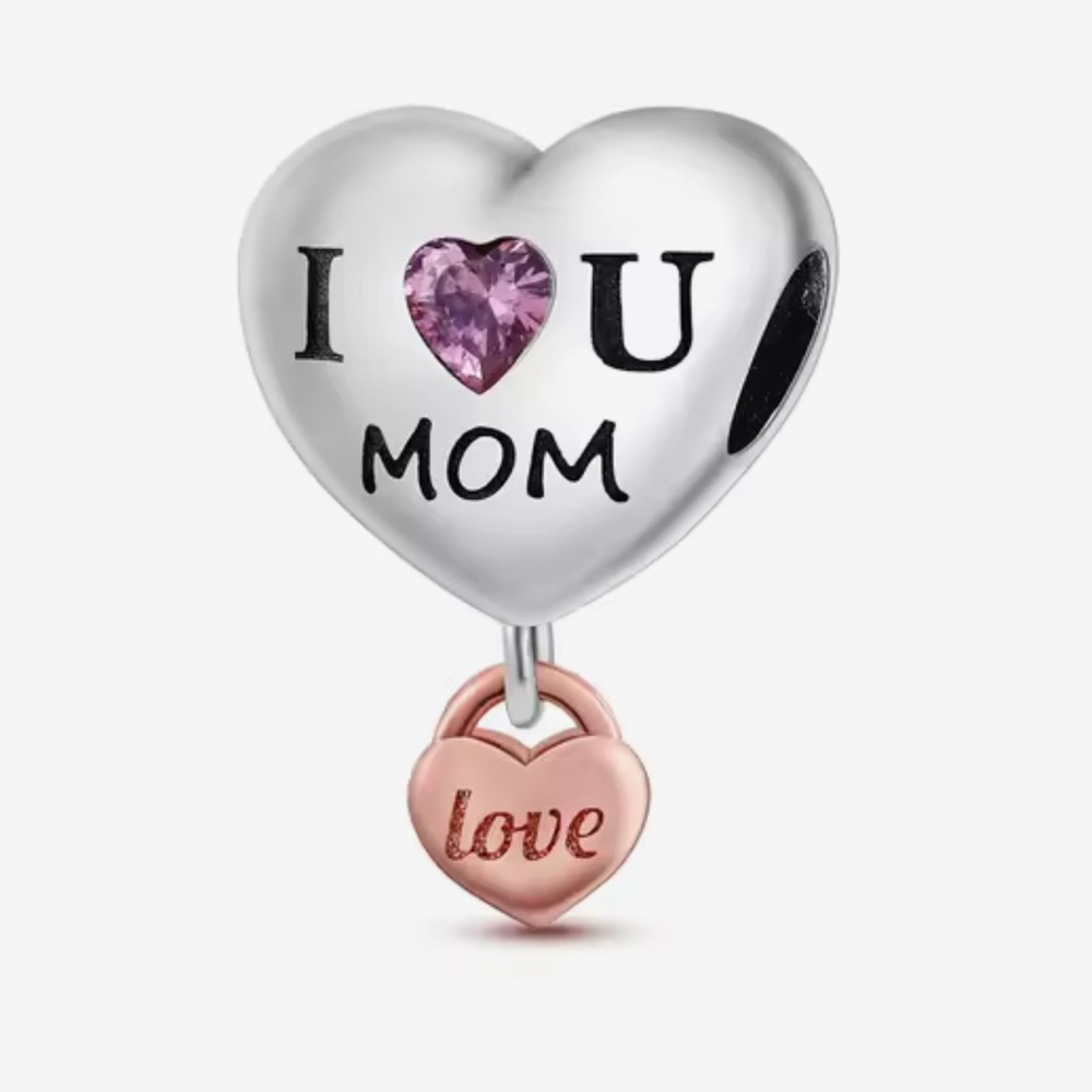 🌻 S925 Sterling Silver I LOVE YOU MOM Heart Charm with Pink sapphire Accents